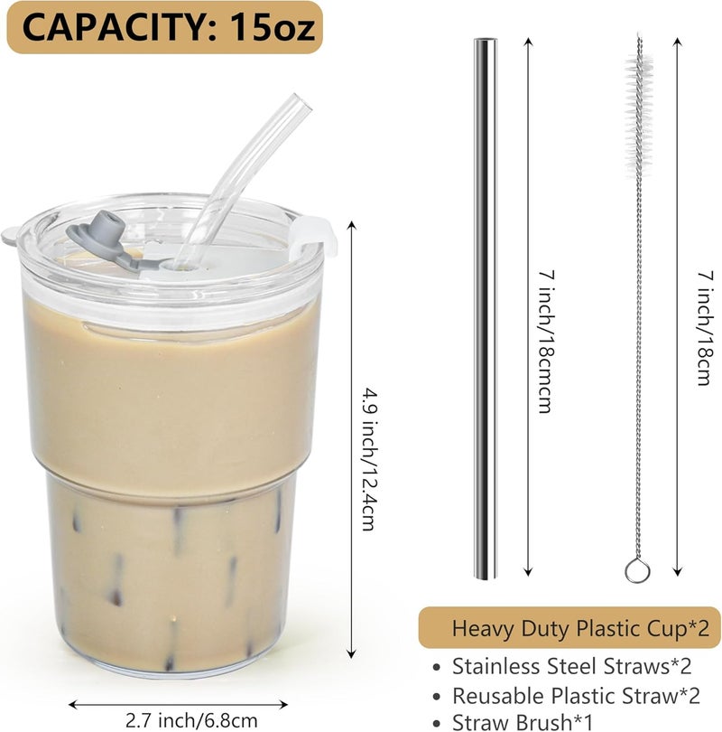 Icesip 15 oz Plastic Matcha Iced Coffee Cups with Lids and Straws Set of 2, Unbreakable Drinking Glasses Reusable Iced Coffee Glass to Go Cup for Tea Smoothie Juice Cup Dishwasher Safe - Image 2
