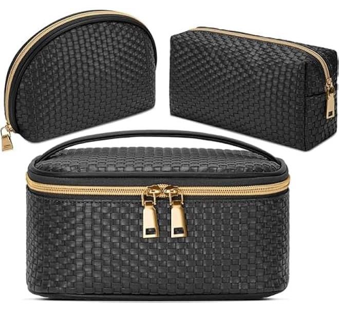 هوكور شنطة مكياج مقاومة للماء من تراسل، شنطة مستحضرات تجميل محمولة للسفر، شنطة تخزين منظمة متعددة الوظائف للنساء والفتيات، لون اسود - Image 1