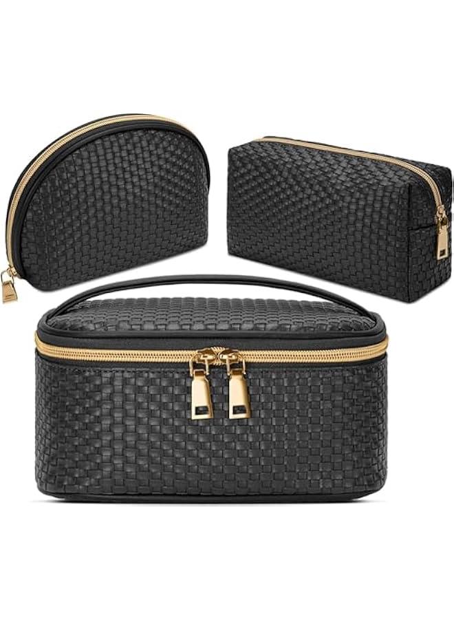 HOOKOR Makeup Bag 3 Pcs Waterproof Cosmetic Bag Set Portable Travel Cosmetic Bag Multifunction Organizer Storage Bag Weave Toiletry Bag for Women and Girls, Black - Image 1