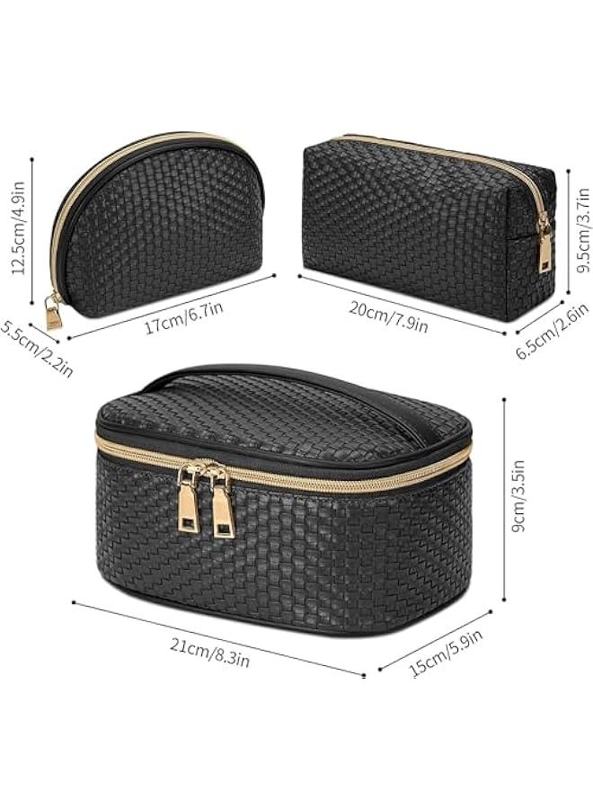 HOOKOR Makeup Bag 3 Pcs Waterproof Cosmetic Bag Set Portable Travel Cosmetic Bag Multifunction Organizer Storage Bag Weave Toiletry Bag for Women and Girls, Black - Image 2