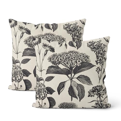 DAFENA Black Pillow Covers 18x18 Inch 2 Pcs Boho Vintage Floral Decor Throw Pillows Hydrangea Flower Seasonal Outdoor Farmhouse Neutral Accent Decoration Pillowcase Linen Cushion Cover for Couch - Image 1