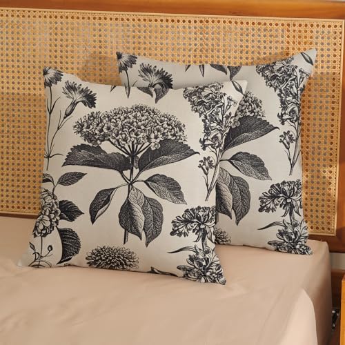 DAFENA Black Pillow Covers 18x18 Inch 2 Pcs Boho Vintage Floral Decor Throw Pillows Hydrangea Flower Seasonal Outdoor Farmhouse Neutral Accent Decoration Pillowcase Linen Cushion Cover for Couch - Image 3