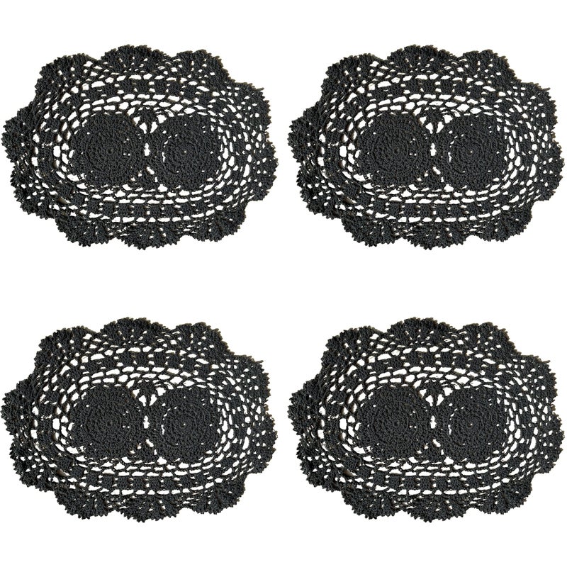 Phantomon Lace Doilies Handmade Crochet Placemats Cotton Doilies Cloth Lace Pack of 4 Oval Shape 10 x 14 inch Black