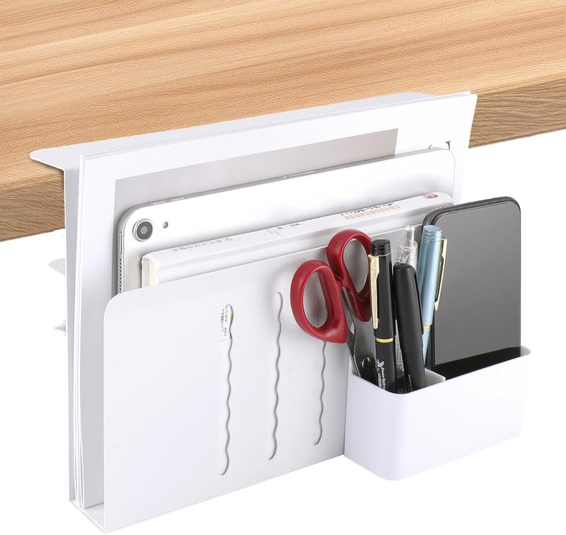 Edencomer Desk Side Organisers Clamp on Desk Storage for Office, No Drill Laptop Stand Hanging Desk Side Storage Desk Organiser Desk Tidy Pen Holder for Home Office Book Pen(White) - Image 1