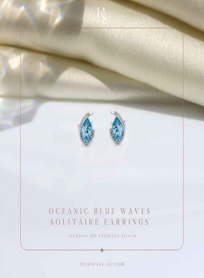 HIGHSPARK 925 Silver Oceanic Blue Waves Solitaire Earrings| 92.5 Sterling Silver and Diamond like Brilliance Sparkling Zirconia | Lovely Gift - Oceanic Blue - Image 3