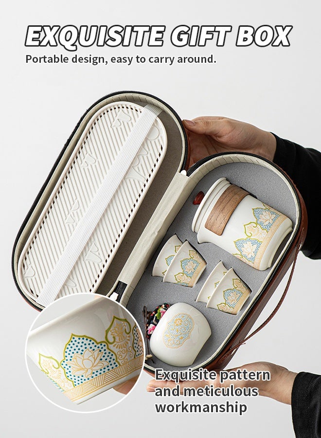 طقم شاي سيراميك محمول مع إبريق شاي، علبة شاي، أكواب وصينية، طقم قهوة ماتشا جاهز للسفر والهدايا - Image 4