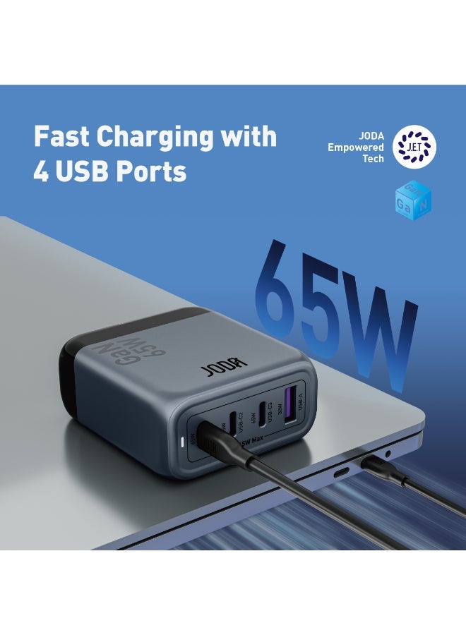 جودا شاحن سطح مكتب سريع JODA Voltix 65W GaN – مركز شحن USB 4 منافذ لشحن سريع ⚡ | شاحن سريع عالمي للهواتف، أجهزة اللابتوب، الأجهزة اللوحية، وأكثر 🔌📱💻 | تقنية GaN لتوصيل طاقة فعّالة - Image 1