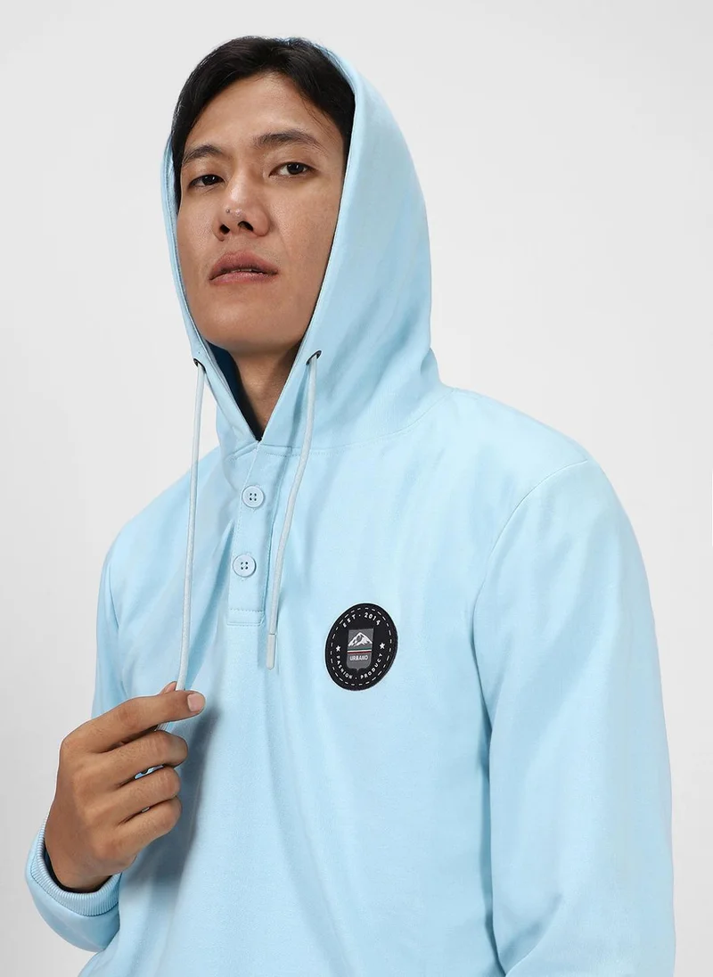 Urbano Fashion Men's Light Blue Cotton Solid Button Hooded Neck Sweatshirt
