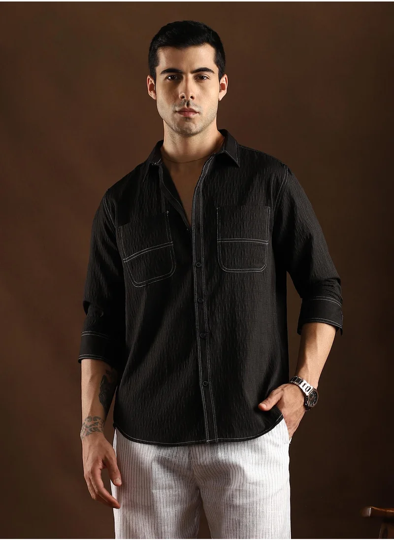 Campus Sutra Campus Sutra Men's Onyx Black Contrast-Stitch Utility Shirt For Casual Wear | Spread Collar | Long Cuffed Sleeves | Button Closure | Shirt Crafted With Comfort Fit For Everyday Wear