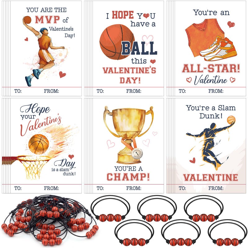 Equsion 36 Set Basketball Valentines Gift Cards and Bracelet for Kids Classroom Valentines Day Exchange Gift Adjustable Sports Bracelet for Boys Girls Party Favor Prizes Supplies - Image 3