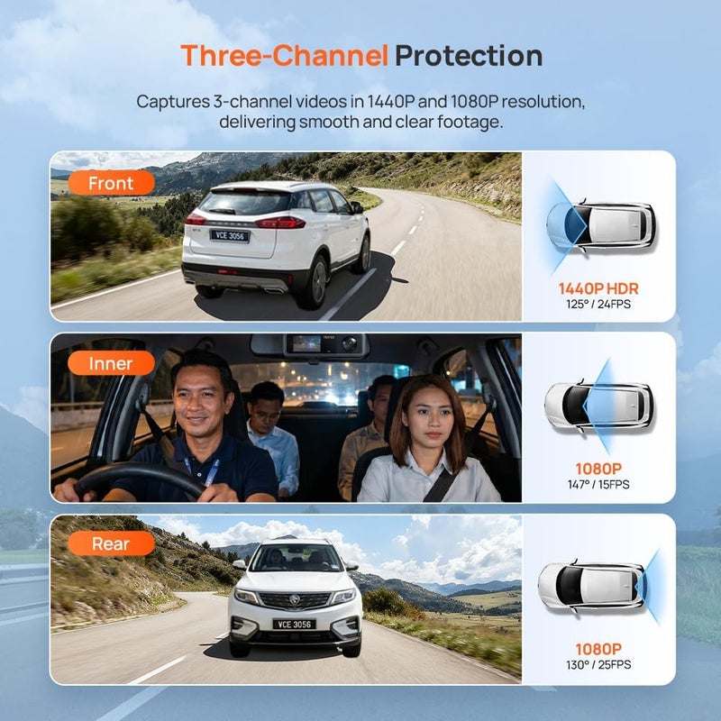 70mai Dash Cam T400 Set - Three-Channel Supercapacitor HDR 1440P with Built-in GPS and Voice Control - Image 3