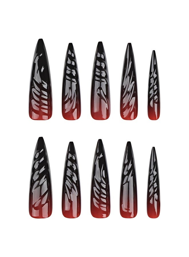 MISUD Press on Nails - Long Stiletto Glue on Nails with Goth Red Black, Acrylic Gothic Vampire Design 24 pcs - Image 3