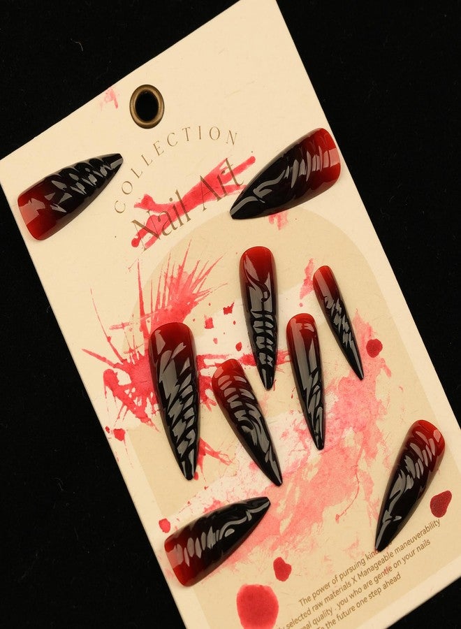 MISUD Press on Nails - Long Stiletto Glue on Nails with Goth Red Black, Acrylic Gothic Vampire Design 24 pcs - Image 2