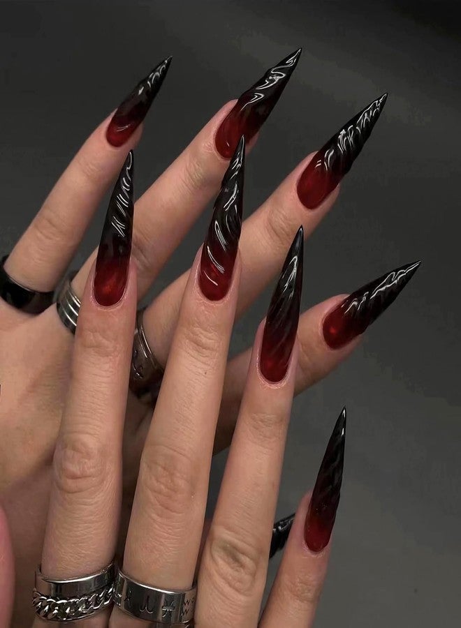 MISUD Press on Nails - Long Stiletto Glue on Nails with Goth Red Black, Acrylic Gothic Vampire Design 24 pcs - Image 1