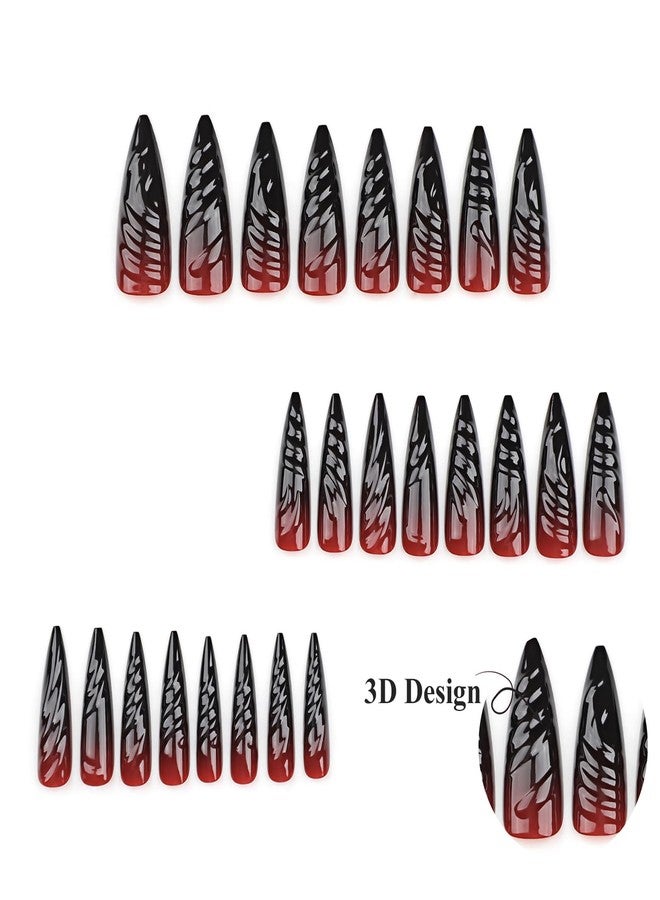MISUD Press on Nails - Long Stiletto Glue on Nails with Goth Red Black, Acrylic Gothic Vampire Design 24 pcs - Image 4