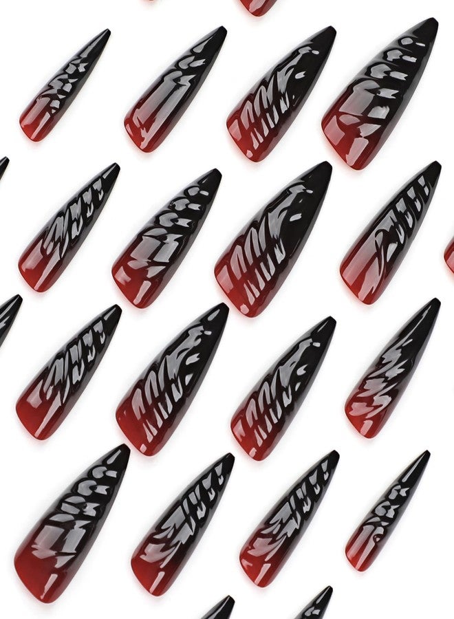 MISUD Press on Nails - Long Stiletto Glue on Nails with Goth Red Black, Acrylic Gothic Vampire Design 24 pcs - Image 5