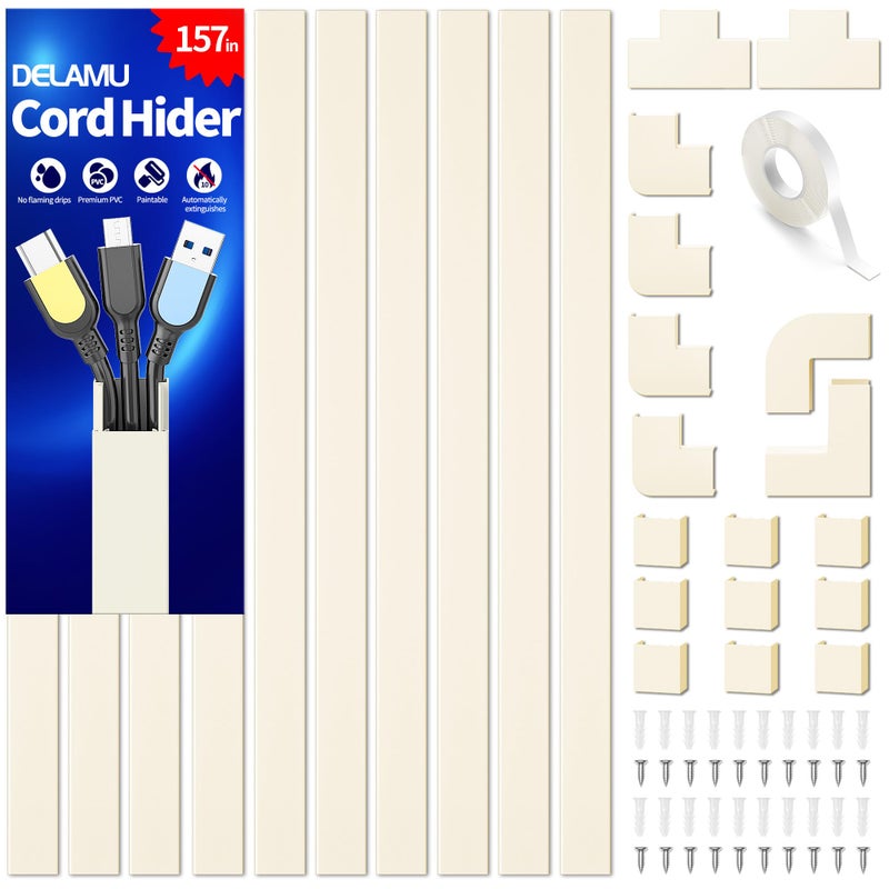Delamu Cord Cover Wall, 157in Delamu Cord Hider Wall Mounted TV, Wire Covers for Cords Cable Management, Cable Raceway Cable Hider Concealer, Cable Cover Wire Hider to Hide Cords, 10XL15.7W0.95H0.55in Beige - Image 1