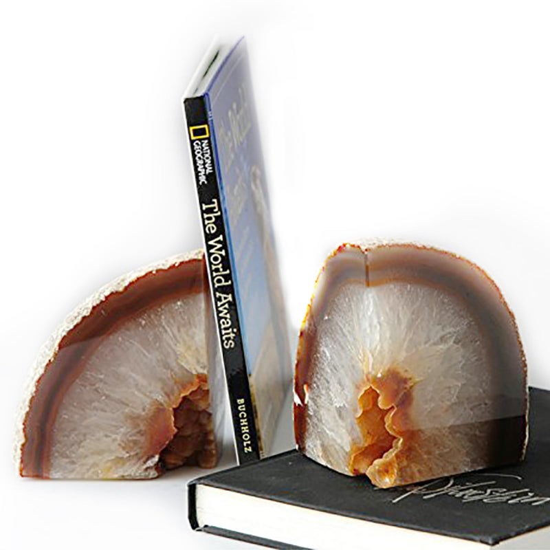 JIC Gem 1 Pair(4 to 6 Lbs) Natural Agate Bookends Decorative geode Book Ends for Heavy Books with Rubber Bumpers for Shelves and Office Decoration - Image 1