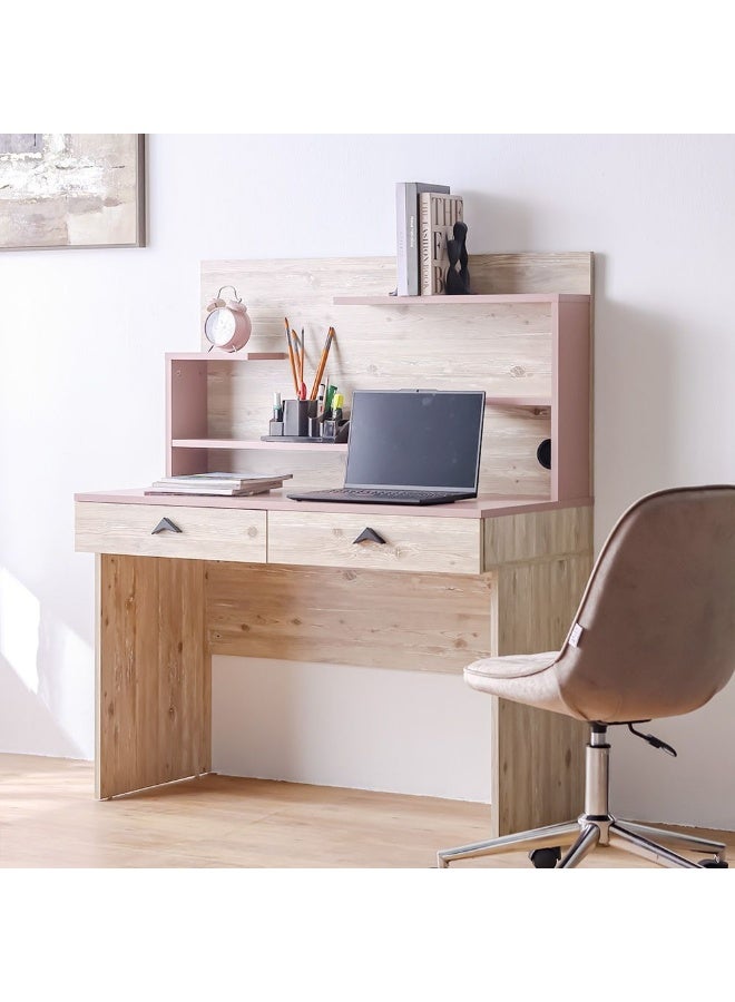 BLISS مكتب دراسة بليس مع 2 درج ورف | طاولة كمبيوتر | مكتب فنون وحرف | طاولة حديثة للكمبيوتر المحمول | طاولة دراسة خشبية للمكتب المنزلي L131.2xW55xH109.8cm - بلّوط ووردي - Image 5