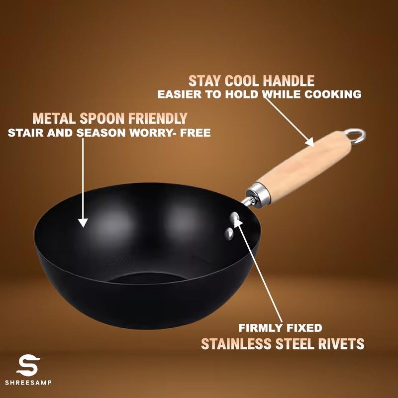 SHREESAMP Carbon Steel Chef Tadka Pan With Wooden Handle, 1.2L Gas-Compatible Frying Bowl For Dal, Spices & Chinese Noodle, Pre-Seasoned Loha Tadka Pan For Tempering Spice, Traditional Indian Cookware - Image 3