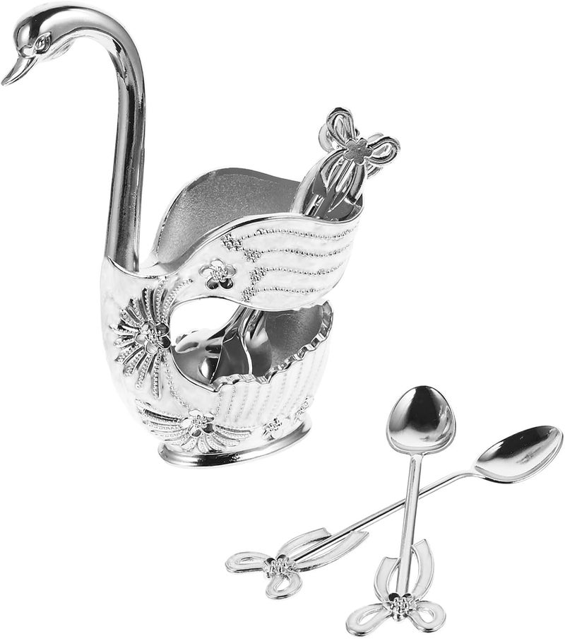 Garneck Swan Base Dessert Spoons Set 7pcs Silver Metal Kitchen Teaspoons with Holder for Coffee Stirring and Cake Serving Home Dining Flatware Organizer - Image 1