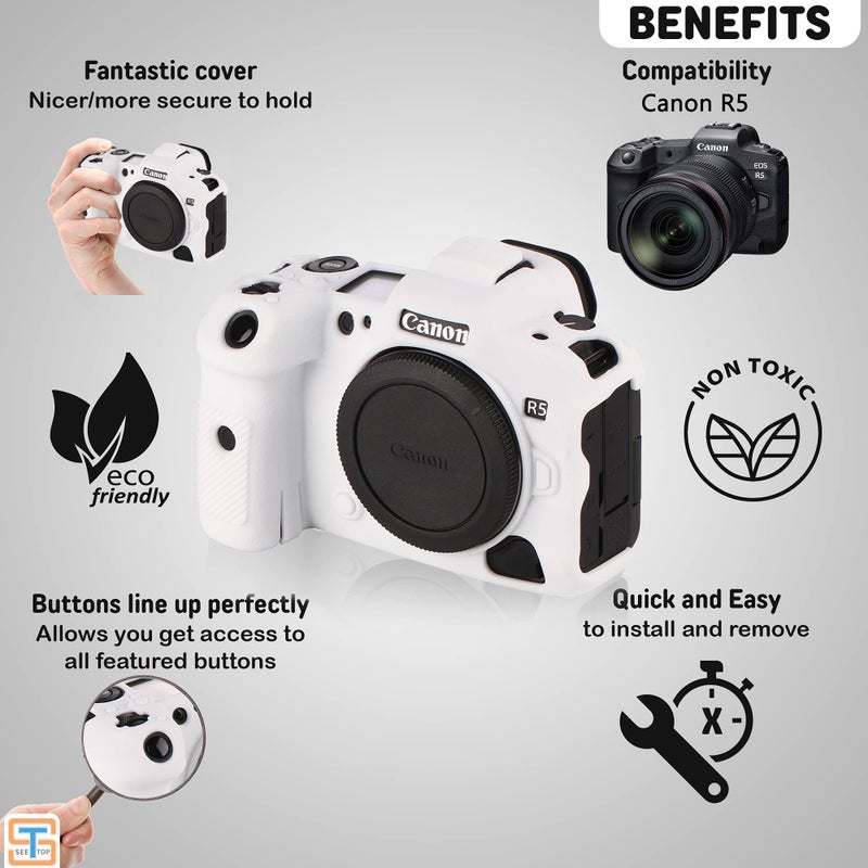 STSEETOP Camera Case for Canon R5 - Silicone Protective DSLR Skin Cover, Detachable Cage, Shockproof, Dustproof (White) - Image 3