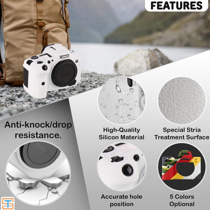 STSEETOP Camera Case for Canon R5 - Silicone Protective DSLR Skin Cover, Detachable Cage, Shockproof, Dustproof (White) - Image 2