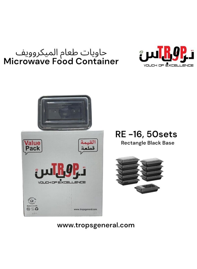 TROPS Disposable Microwaveable Rectangle Black Base Container with Clear Lid (RE-16). (50 PCS, Black, 16 Ounce- 470 ml) - Image 1