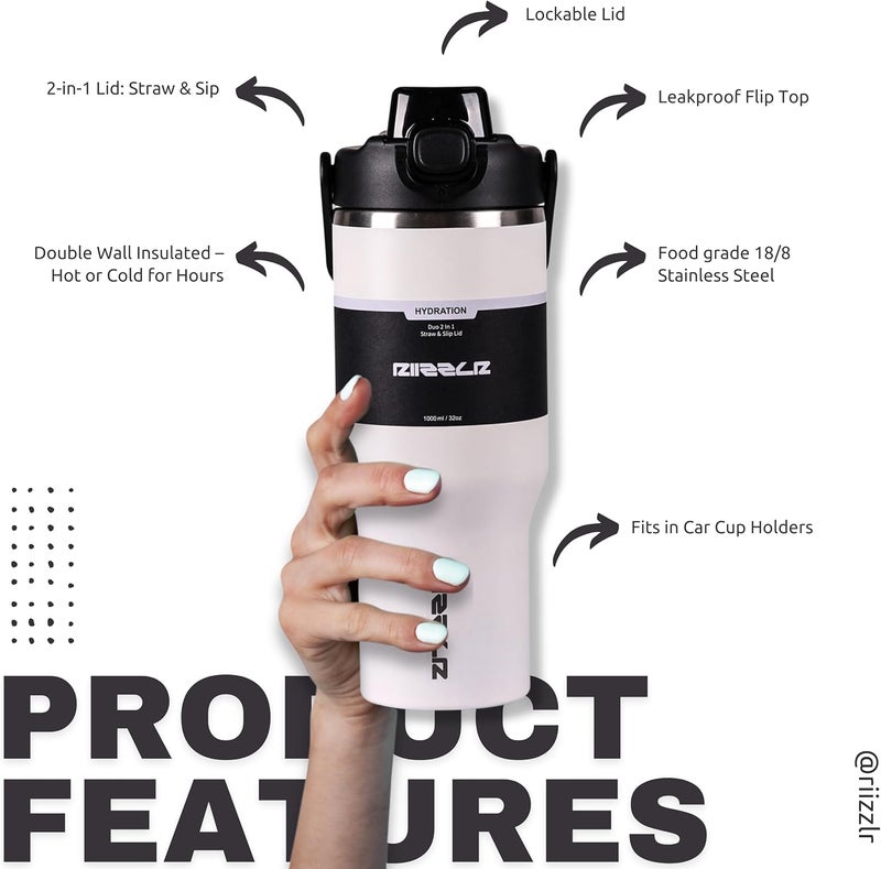 Riizzlr 1000ml Insulated Water Bottle Tumbler with 2-in-1 Straw & Sip Lid – Stainless Steel Vacuum Flask, Double Wall, BPA-Free, Leakproof, Wide Mouth, Keeps Drinks Hot 12H / Cold 24H (Glacier White) - Image 3