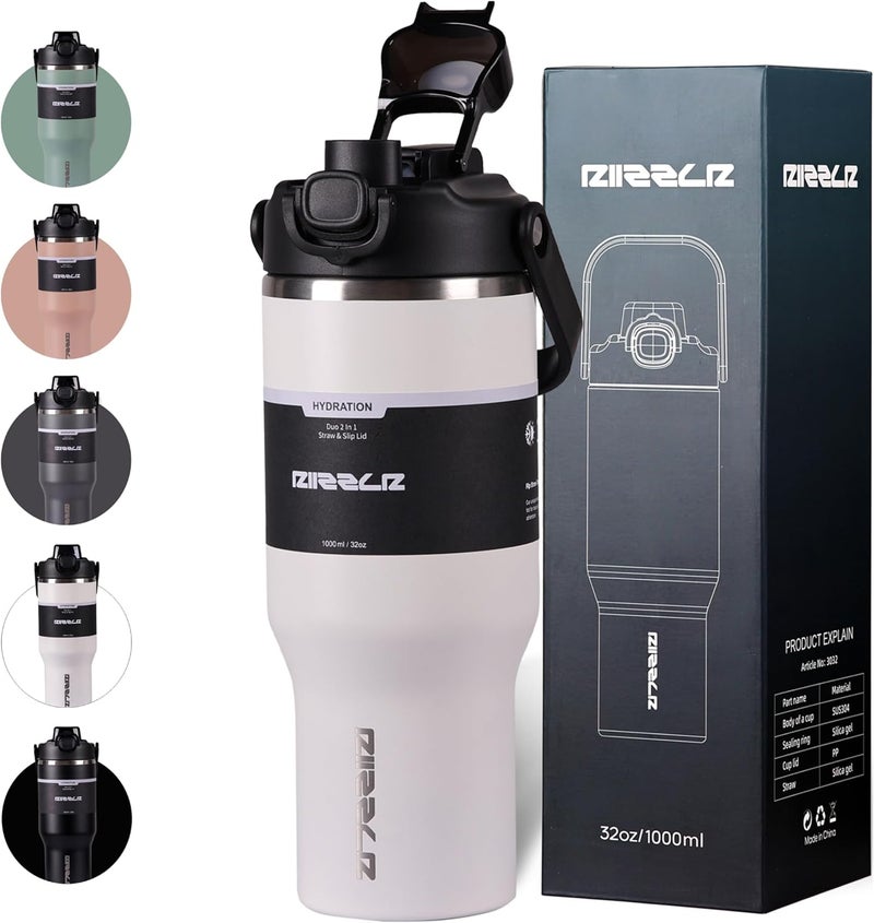 Riizzlr 1000ml Insulated Water Bottle Tumbler with 2-in-1 Straw & Sip Lid – Stainless Steel Vacuum Flask, Double Wall, BPA-Free, Leakproof, Wide Mouth, Keeps Drinks Hot 12H / Cold 24H (Glacier White) - Image 1