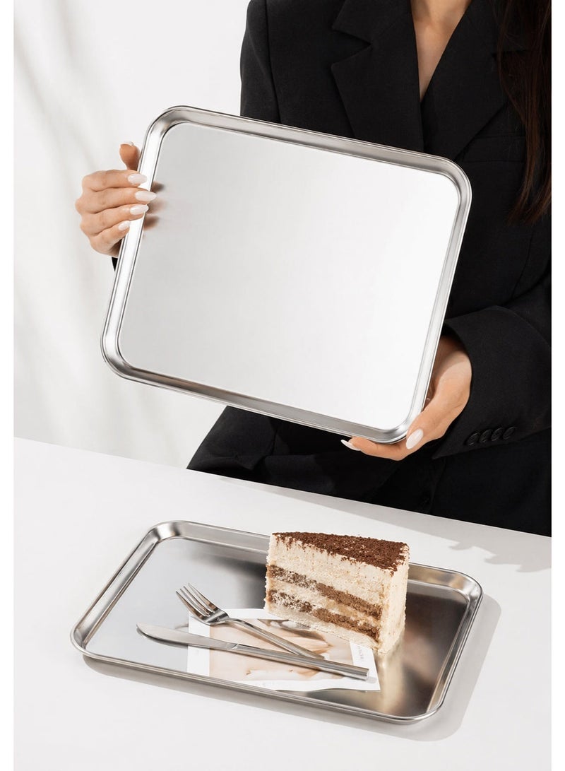 304 Stainless Steel Serving Tray Large Rectangular Kitchen Tray Mirror Finish Food Serving Platter for Coffee Tea Cake Baking Oven Tray Home Restaurant Commercial - Image 2