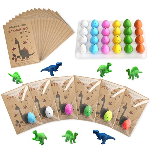 FASBET Dinosaur Party Favors Funny Mini Dinosaur Toys Dinosaur Birthday Party Supplies 24 Pack Dino Eggs and 24 Hatching Card Bulk Gifts Novelty Birthday Party Decorations for Kids Boys Girls Toddler - Image 1