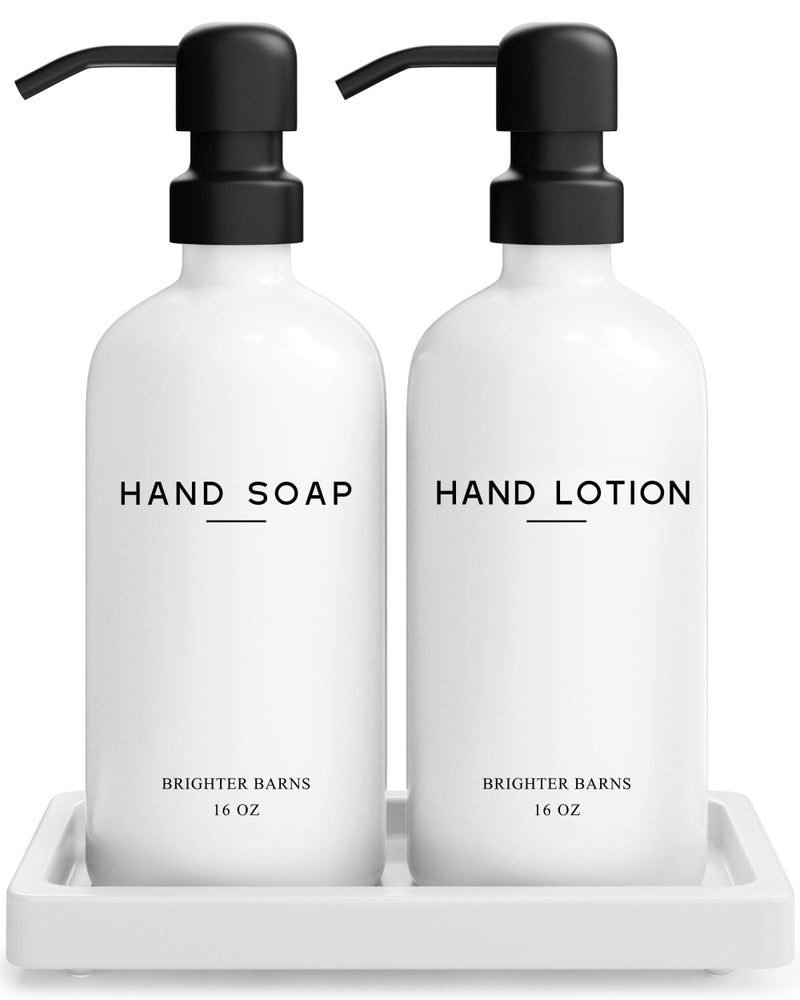 White Glass Soap and Lotion Dispenser Set with Tray by Brighter Barns Hand Soap Dispenser Bathroom Set Stainless Steel Pump for Home Vacation Rental Modern Bathroom Accessories Decor White