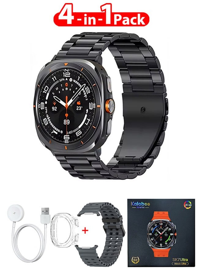 Kalobee حزمة ساعة SK7 الذكية الفائقة مع الملحقات بما في ذلك 1 حزام من الفولاذ المقاوم للصدأ الأسود 1 حزام سيليكون رمادي داكن وكابل شحن وحافظة واقية من TPU - Image 1