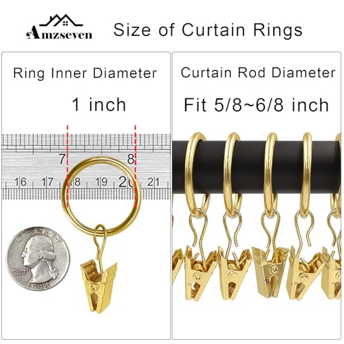 AMZSEVEN 44 Pack Metal Curtain Rings with Clips, Drapery Clips with Rings, Drapes Rings 1 inch Inner Diameter, Fits Diameter 5/8 inch Curtain Rods, Gold - Image 3