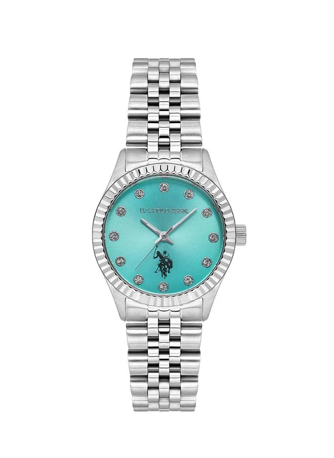 يو اس بولو اسن U.S. Polo Assn. Stile Ladies' 30mm Watch with Blue Gradient Dial & Stone-Studded Design on Sleek Silver Stainless Steel Band - USPA2086-02, Modern Elegance for Stylish Women