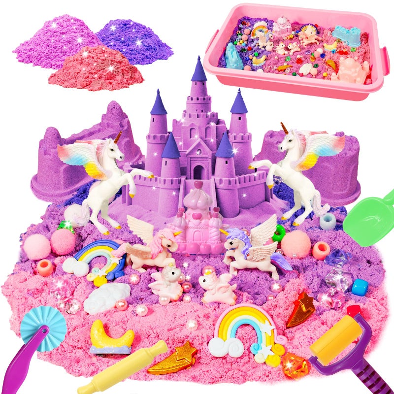 Bbiamsleep Unicorn Sensory Bin 493 Pcs Unicorn Sensory Set with Sandbox 6 Castle Mould 9 Tools for Home Decor - Image 3