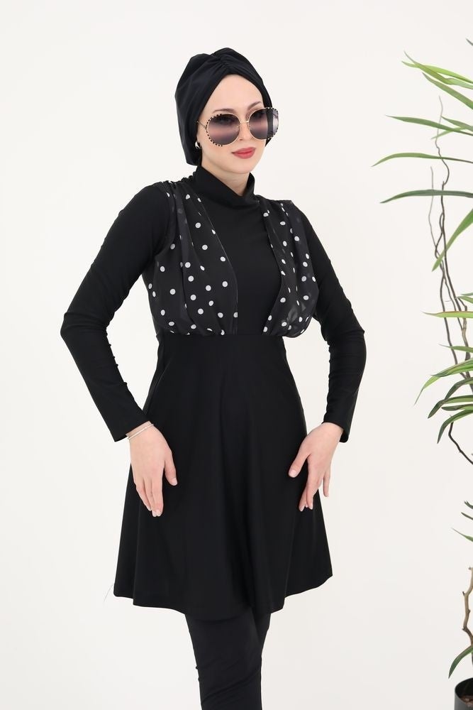 NS Tasarım Nalan Chiffon Detailed Polka Dot Pattern Design Hijab Two Piece Swimsuit Set  - Image 2