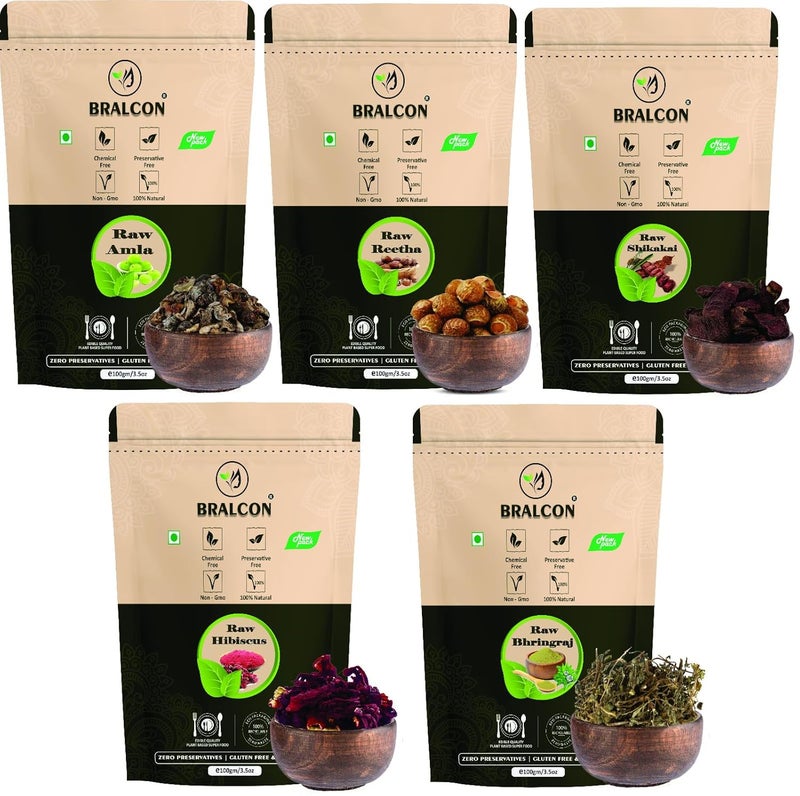 BRALCON مجموعة BRALCON العضوية من ريثا وأملا وشككاكي وبهينجراج وزهرة الكركديه 500غ100غ × 5 عبوة - Image 1
