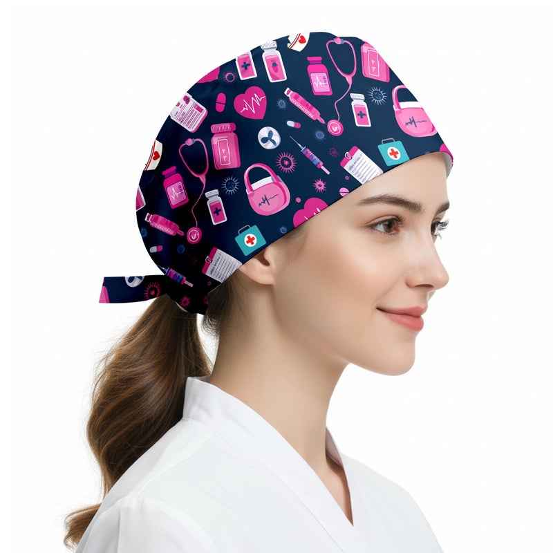 VVGETE Health Symbols Pattern Adjustable Scrub Caps Women, Lightweight Surgical Hat Nurse Scrub Cap for Women Men - Image 3