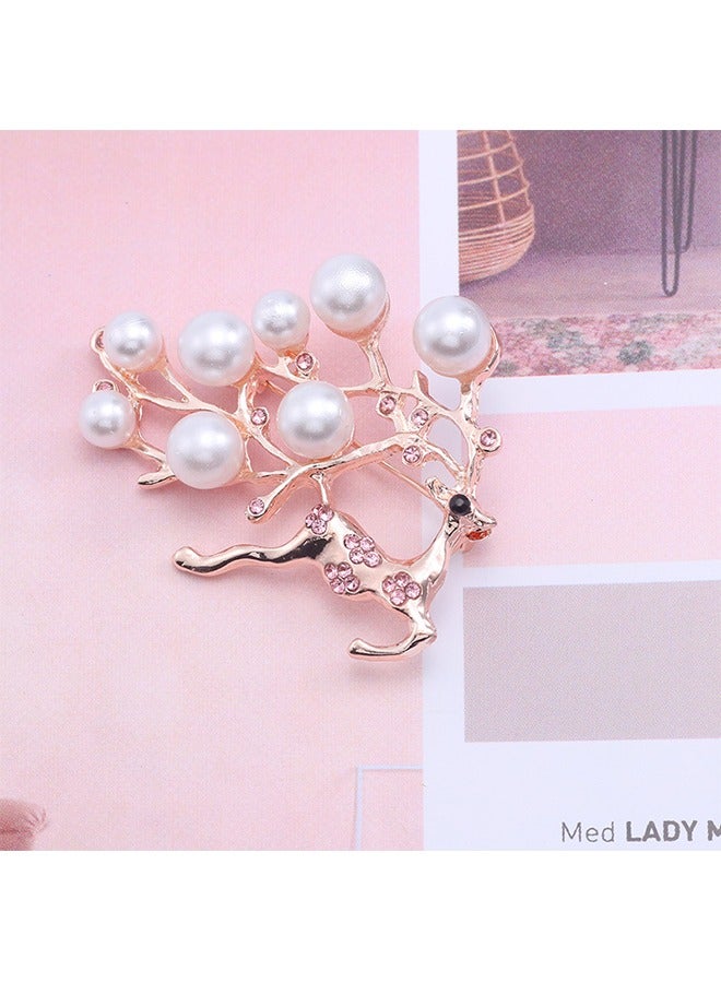 الذهبي قرن الوعل تصميم تقليد اللؤلؤ / حجر الراين الوردي بروش أنيق - Image 2