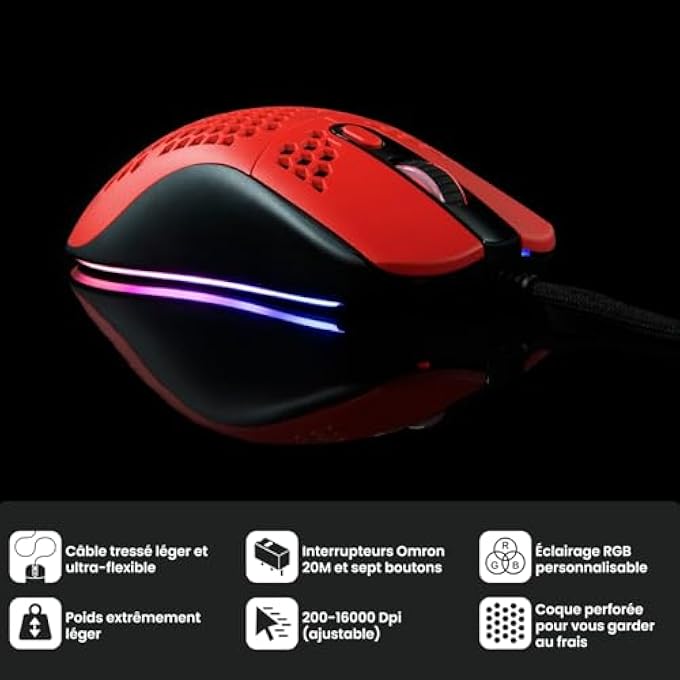 rayihni - FAVO ULTRA LIGHTWEIGHT CUSTOMIZABLE RGB GAMING MOUSE WITH HONEYCOMB PATTERN, PIXART 3389 SENSOR AND OMRON 20M SWITCHES - RED - Image 3