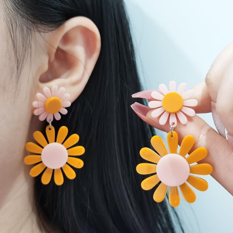 Peutlhomy 70s Daisy Earrings For Women Bohemian Style Daisy Pendant Earrings Acrylic Tassel Earrings Summer Travel Jewelry Gift (Oranger Earring) - Image 5