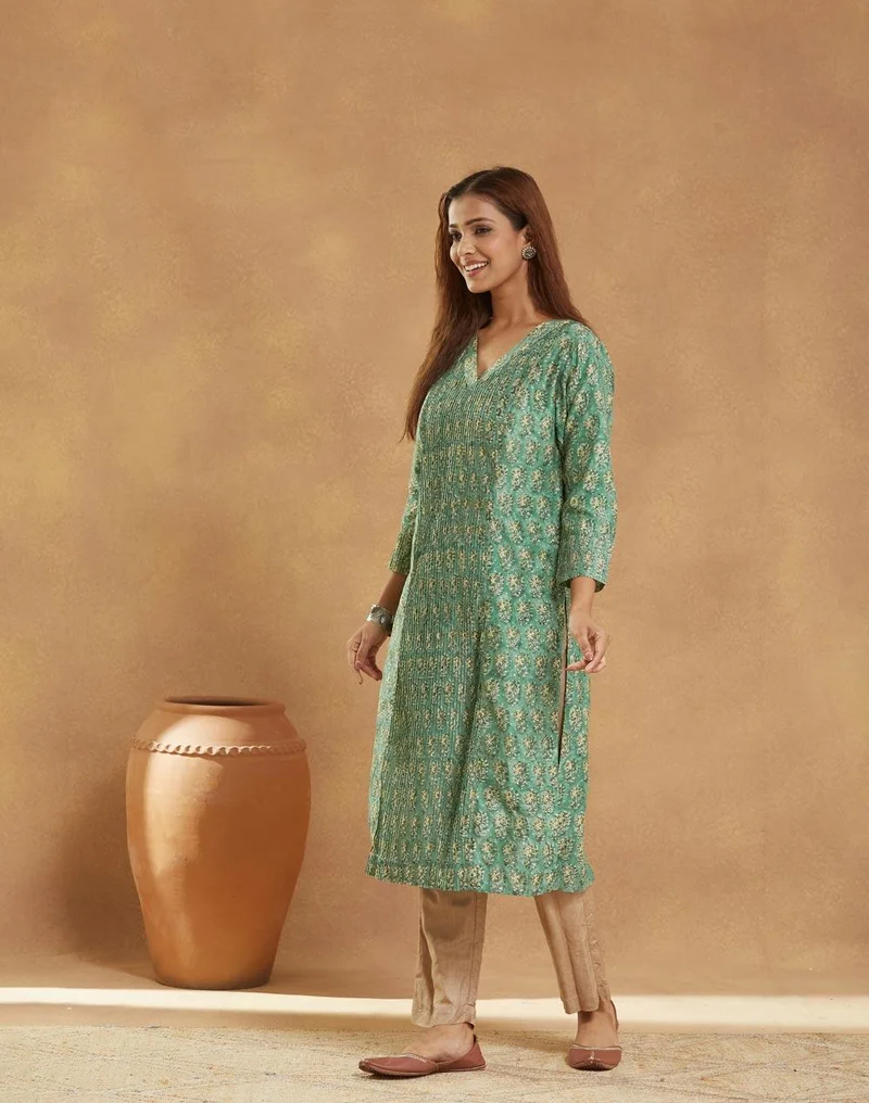 Fabindia Green Cotton Silk Hand Block Printed Long Kurta