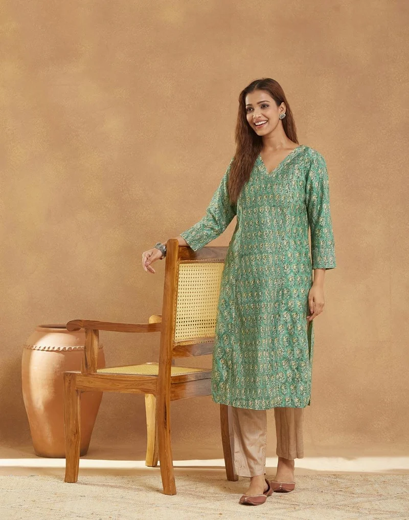 Fabindia Green Cotton Silk Hand Block Printed Long Kurta