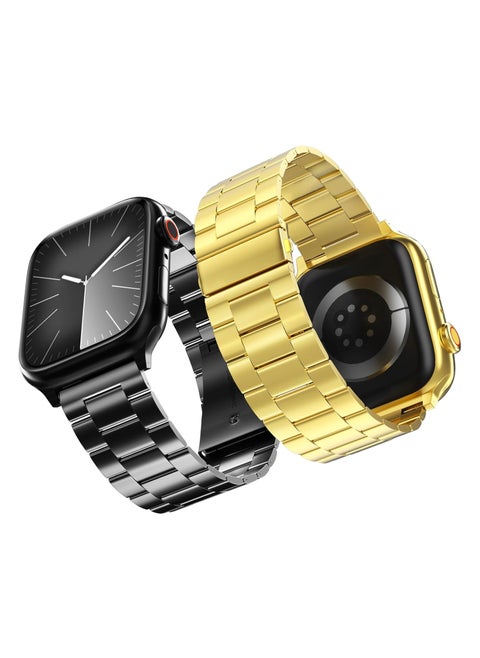 2-Pack Compatible for Apple Watch Band 49mm 45mm 44mm 42mm, Rugged Stainless Steel Replacement Strap Metal Bands for Women and Men（Black.Gold）