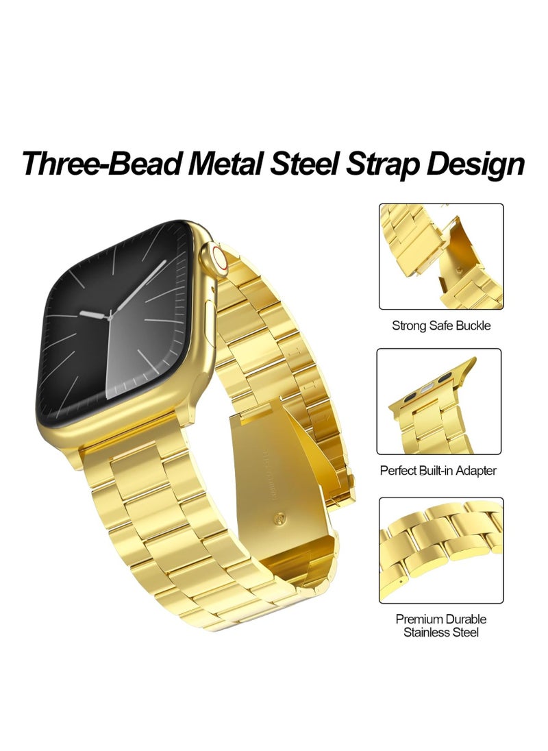 2-Pack Compatible for Apple Watch Band 49mm 45mm 44mm 42mm, Rugged Stainless Steel Replacement Strap Metal Bands for Women and Men（Black.Gold）
