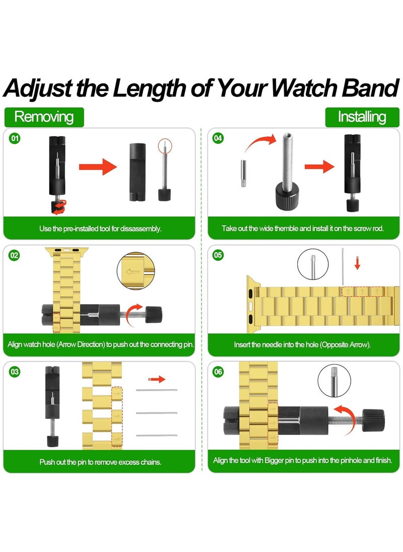 2-Pack Compatible for Apple Watch Band 49mm 45mm 44mm 42mm, Rugged Stainless Steel Replacement Strap Metal Bands for Women and Men（Black.Gold）