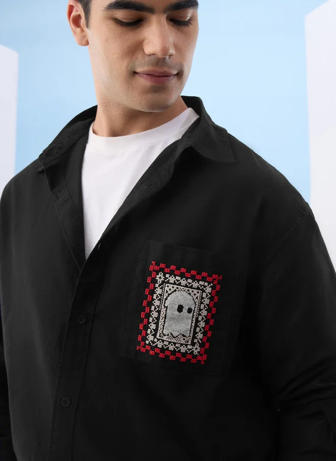 ذا سوليد ستور The Souled Store Men's Black Relaxed Fit Cotton Linen Shirt with Embroidered Pocket
