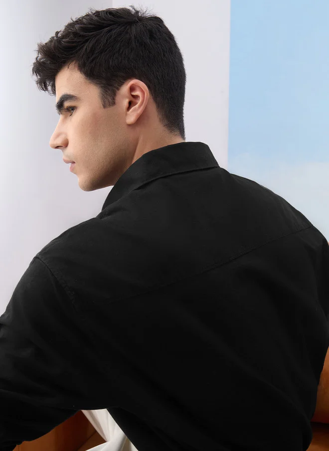 The Souled Store  The Souled Store Men's Black Relaxed Fit Cotton Linen Shirt with Embroidered Pocket  | Best Price UAE